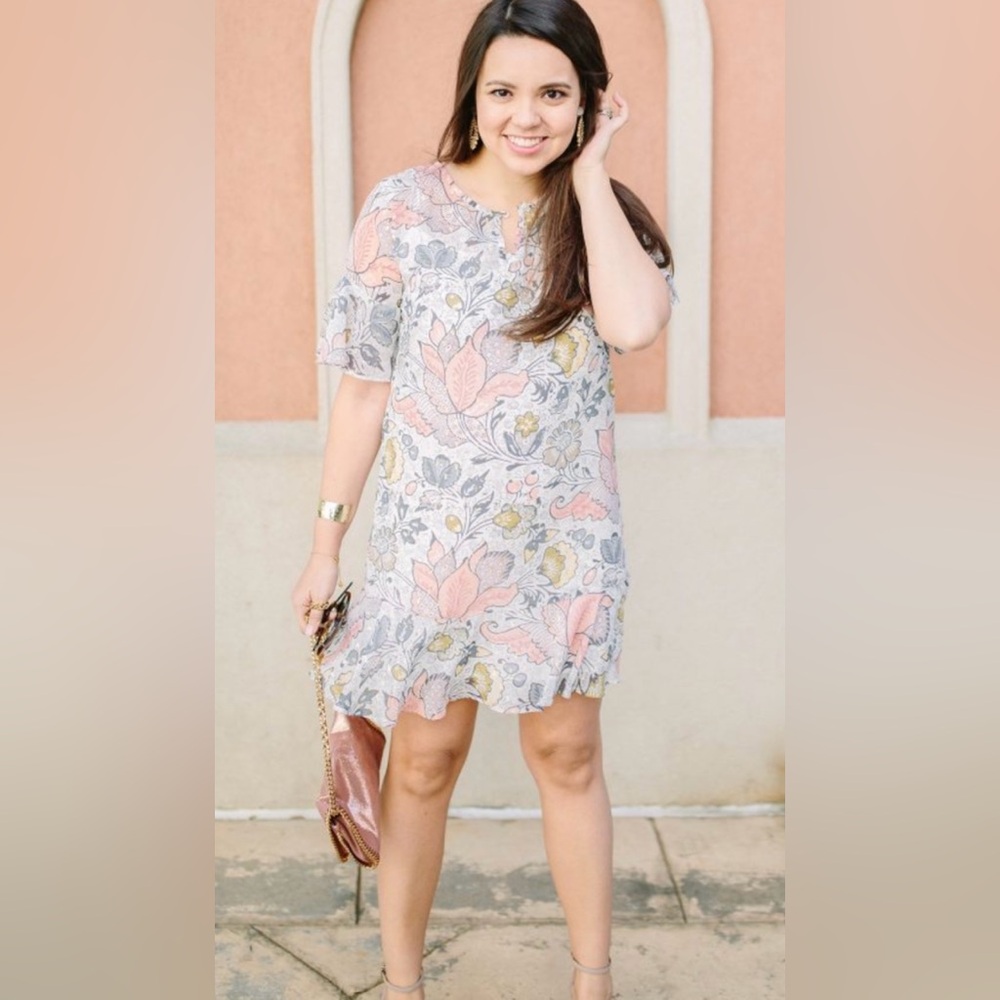 LOFT Flutter Flounce Shimmer Gold Swiss Dot Boho Feminine Floral Dress Pastel L - Picture 2 of 12